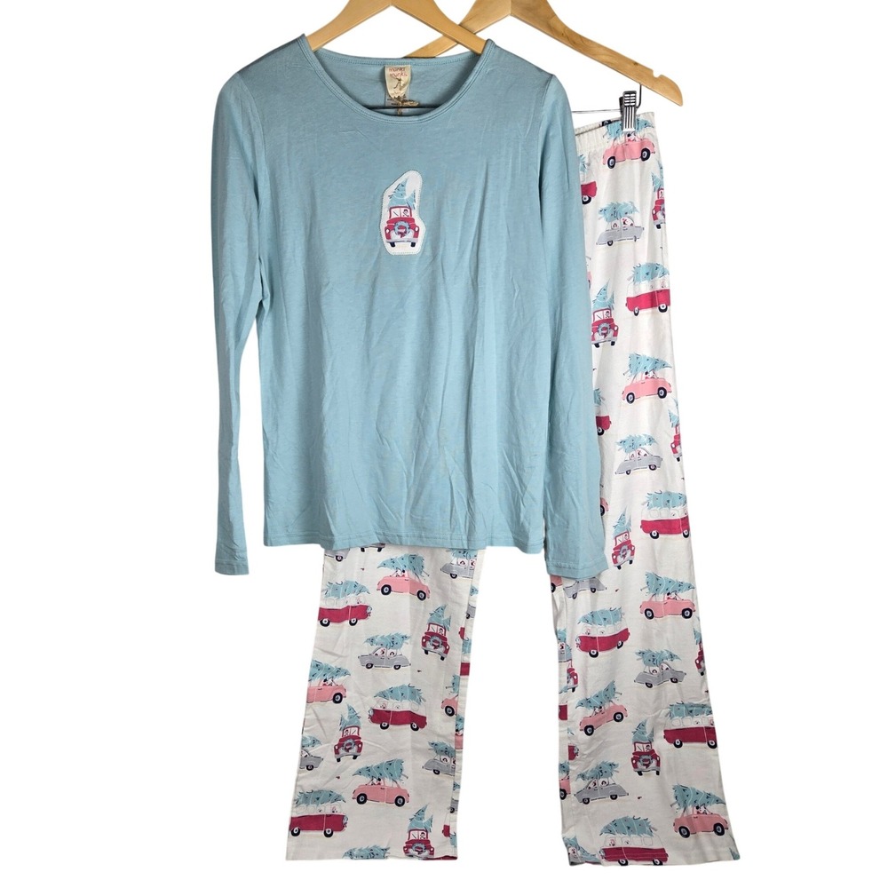 Munki Munki Christmas Pajama Set Large Blue Top Pink Car Tree Pants NEW